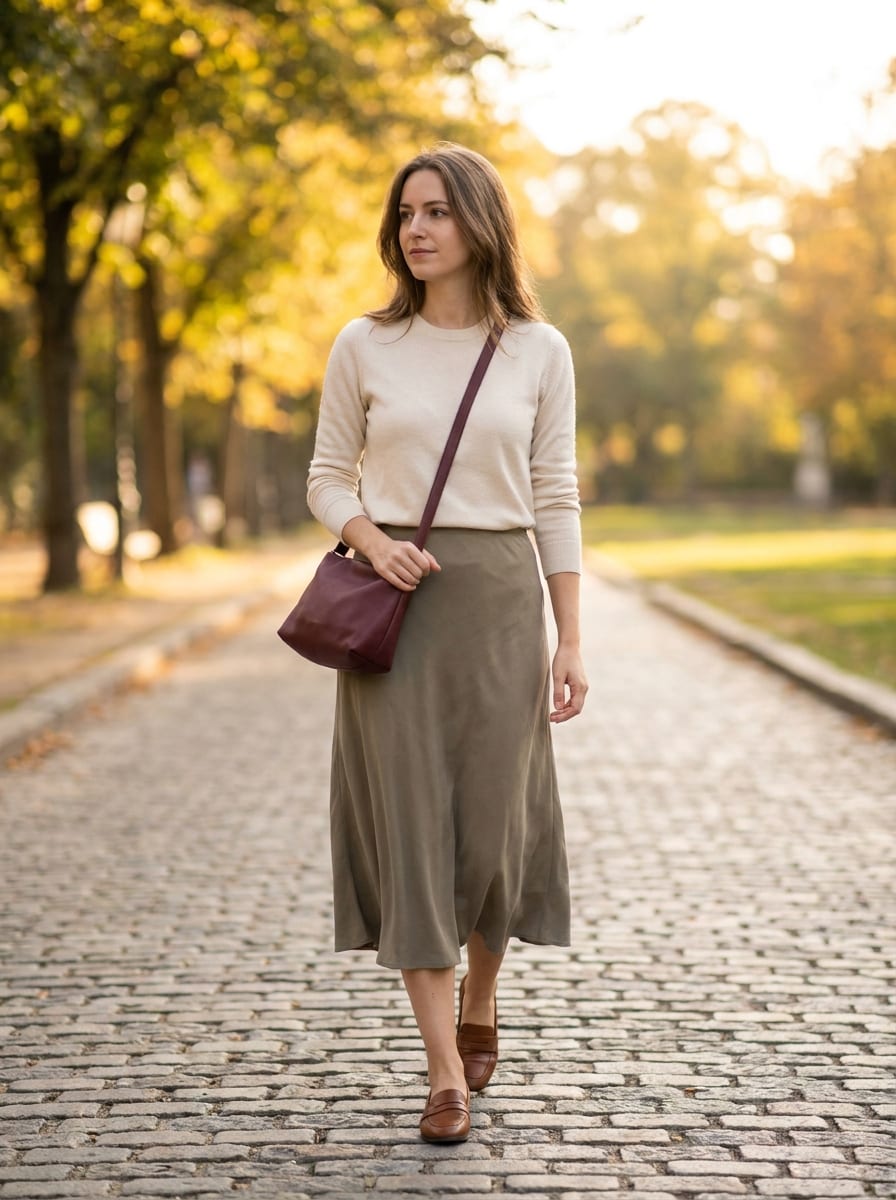Midirock mit leichtem Pullover - Spätsommer Outfit
